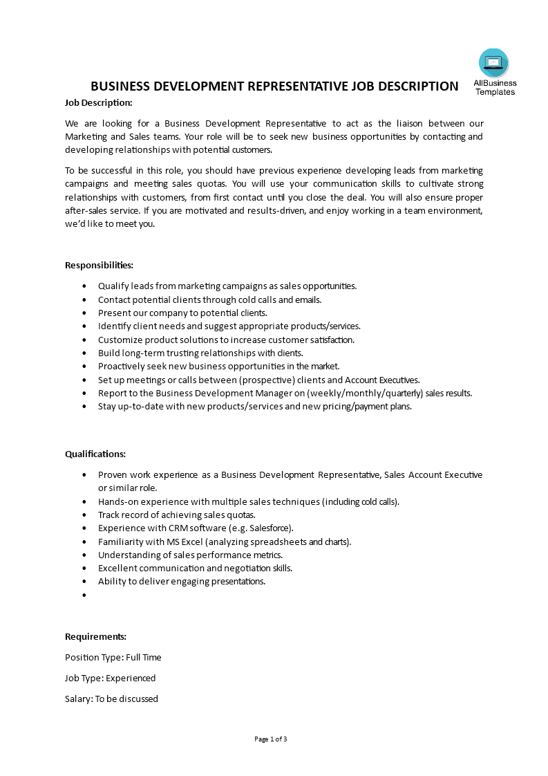 business development representative job description modèles