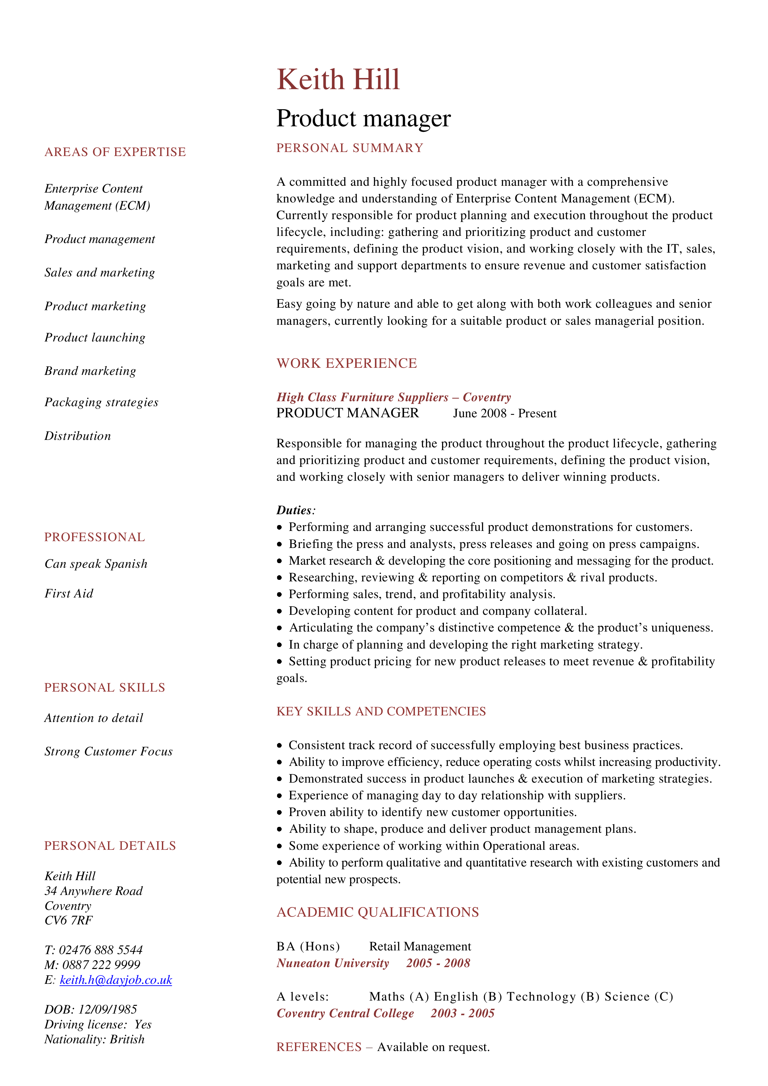 software product manager resume modèles