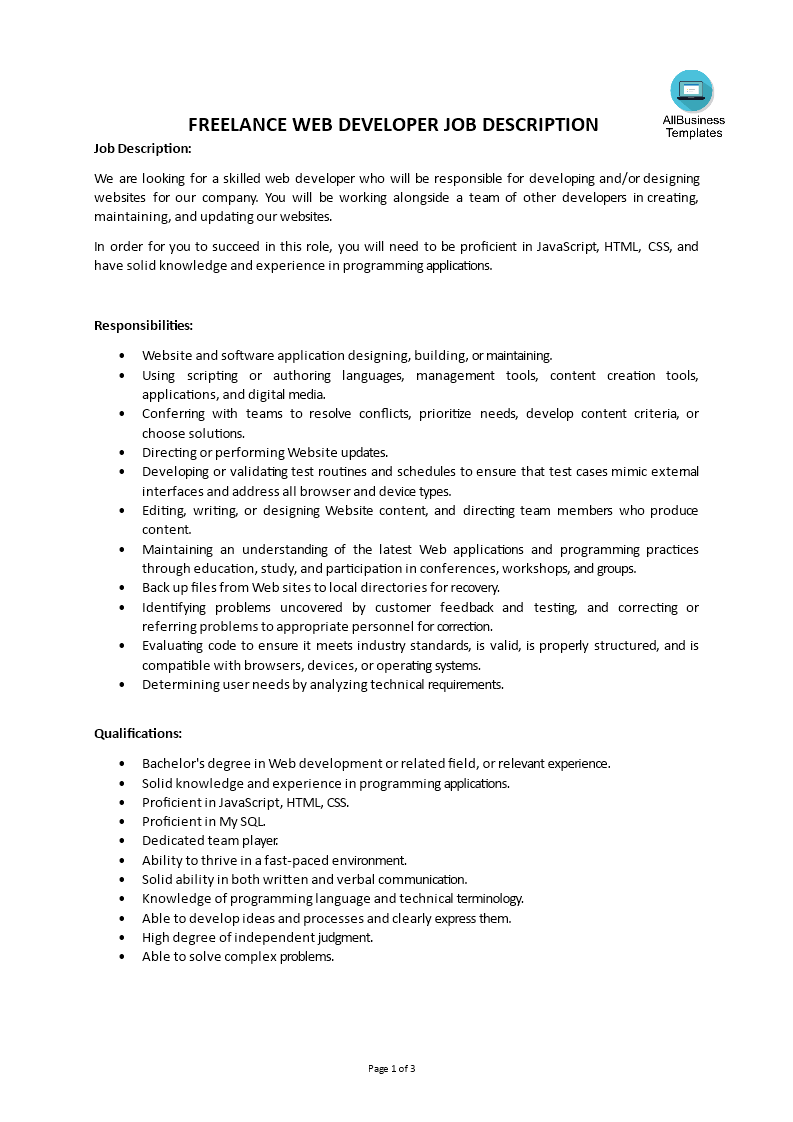 Freelance Web Developer Job Description main image