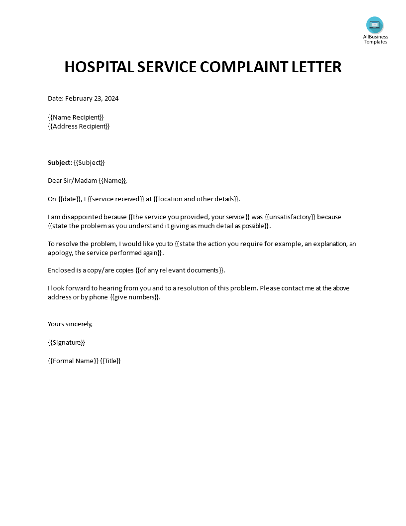 Hospital Service Complaint Letter  Templates at