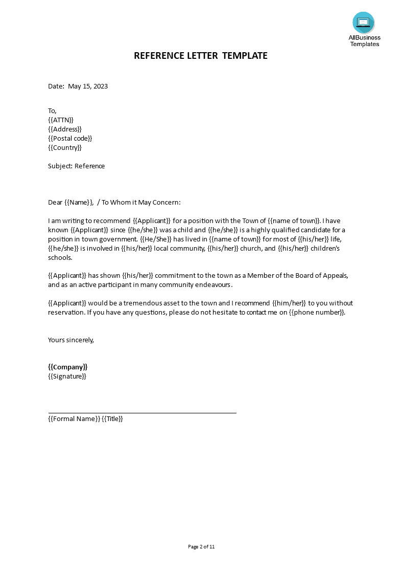 basic reference letter template