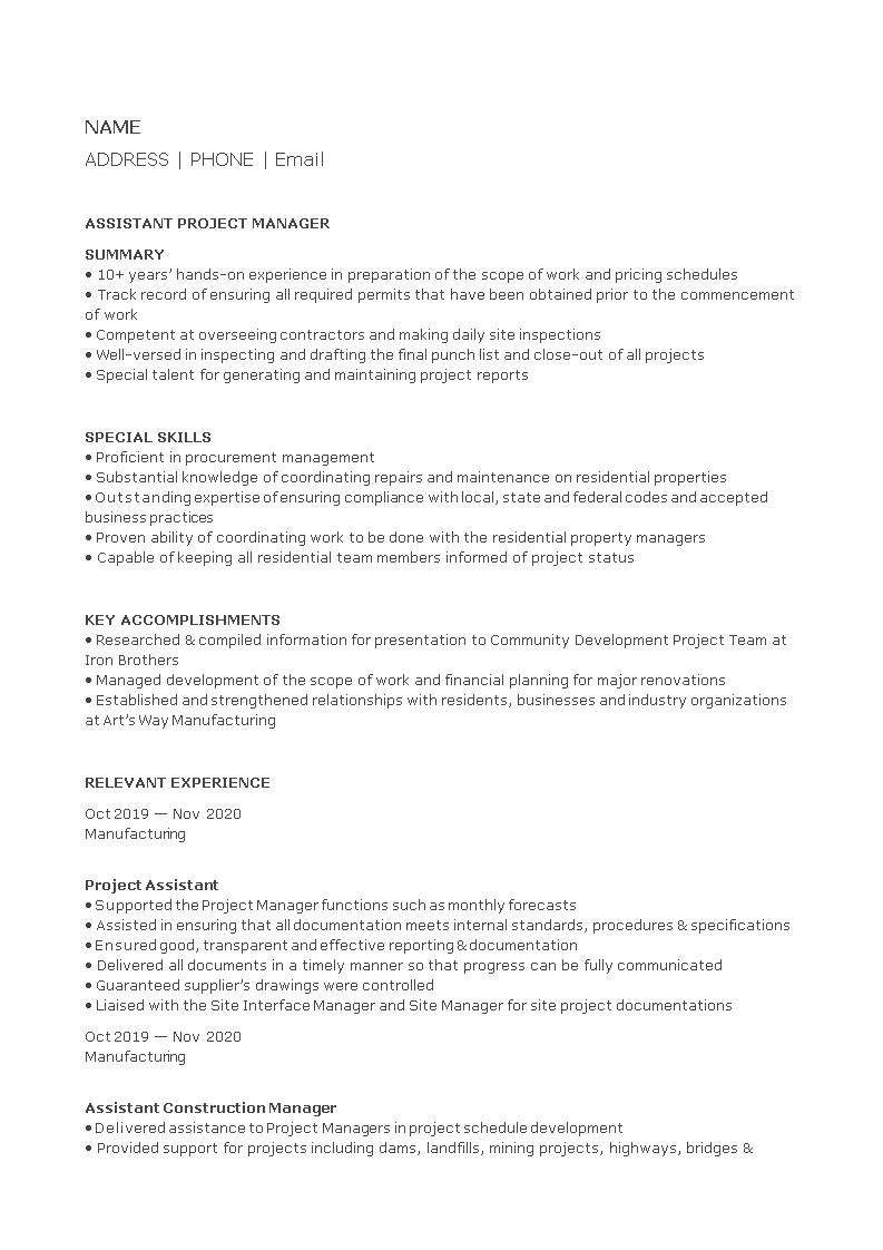 assistant it project manager resume modèles