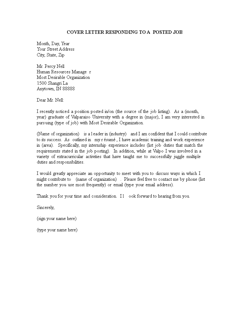 Email Cover Letter Responding to Posted Job Word Templates at