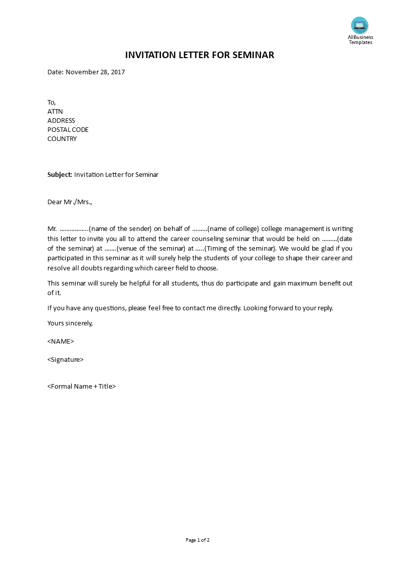 invitation letter for seminar voorbeeld afbeelding 