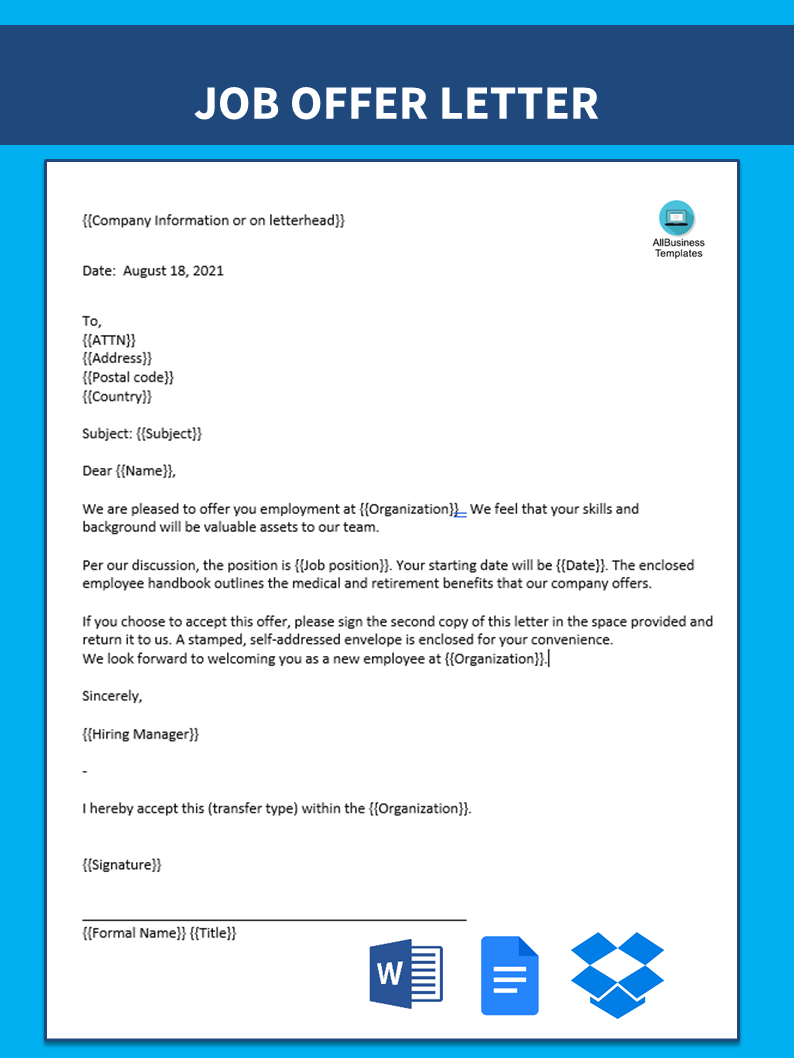 Sample Offer Letter Internal Transfer template main image