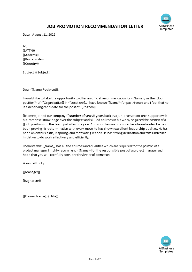 promotion recommendation letter sample template