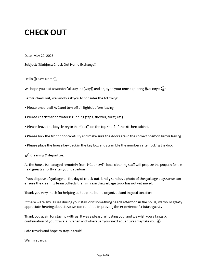 home exchange check out template