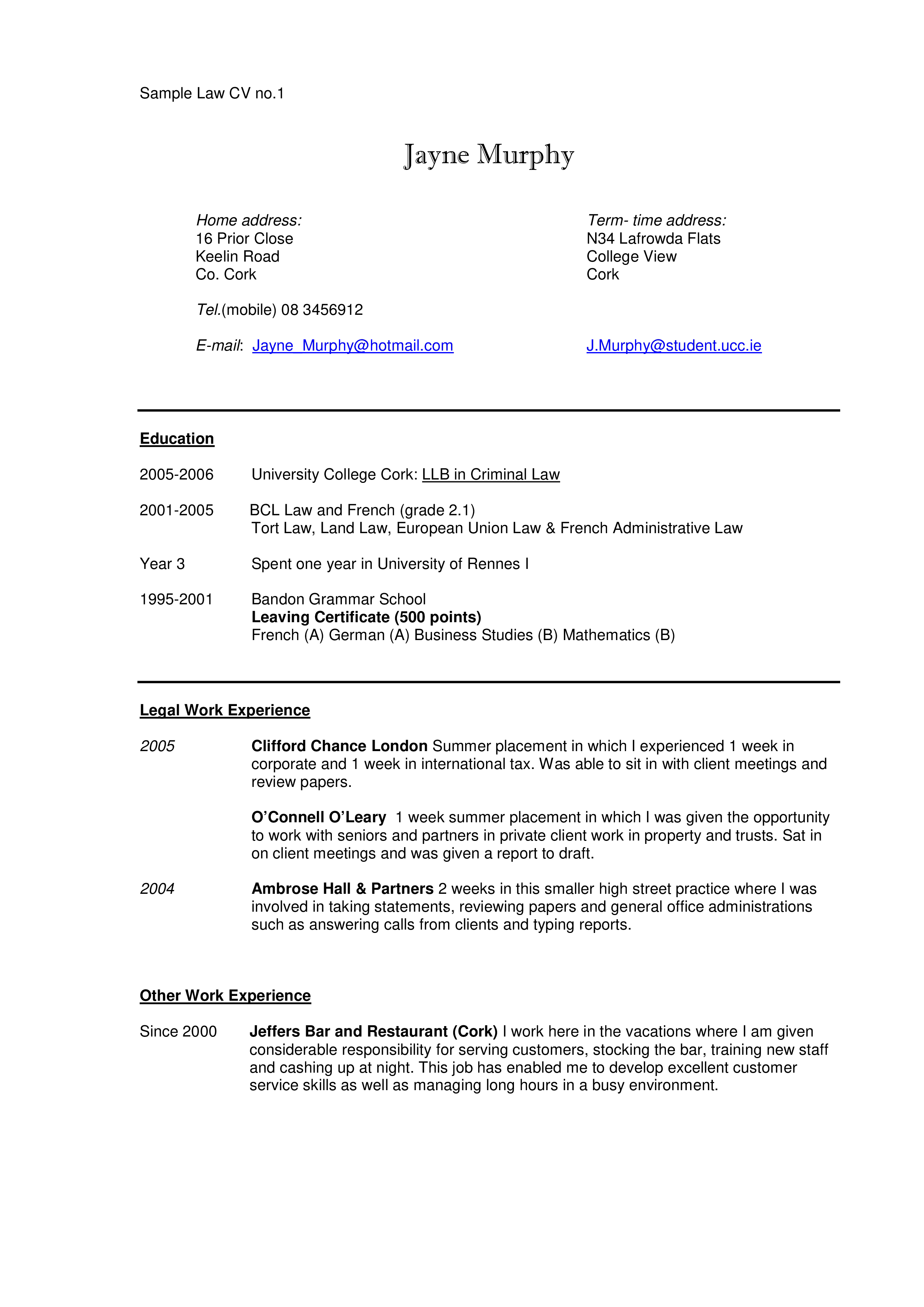 legal work experience template