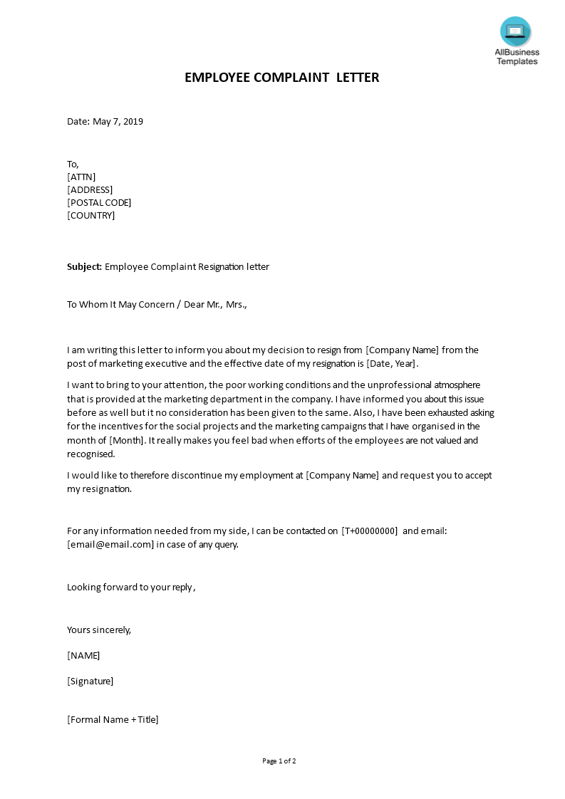 Marketing Executive Resignation Complaint Letter