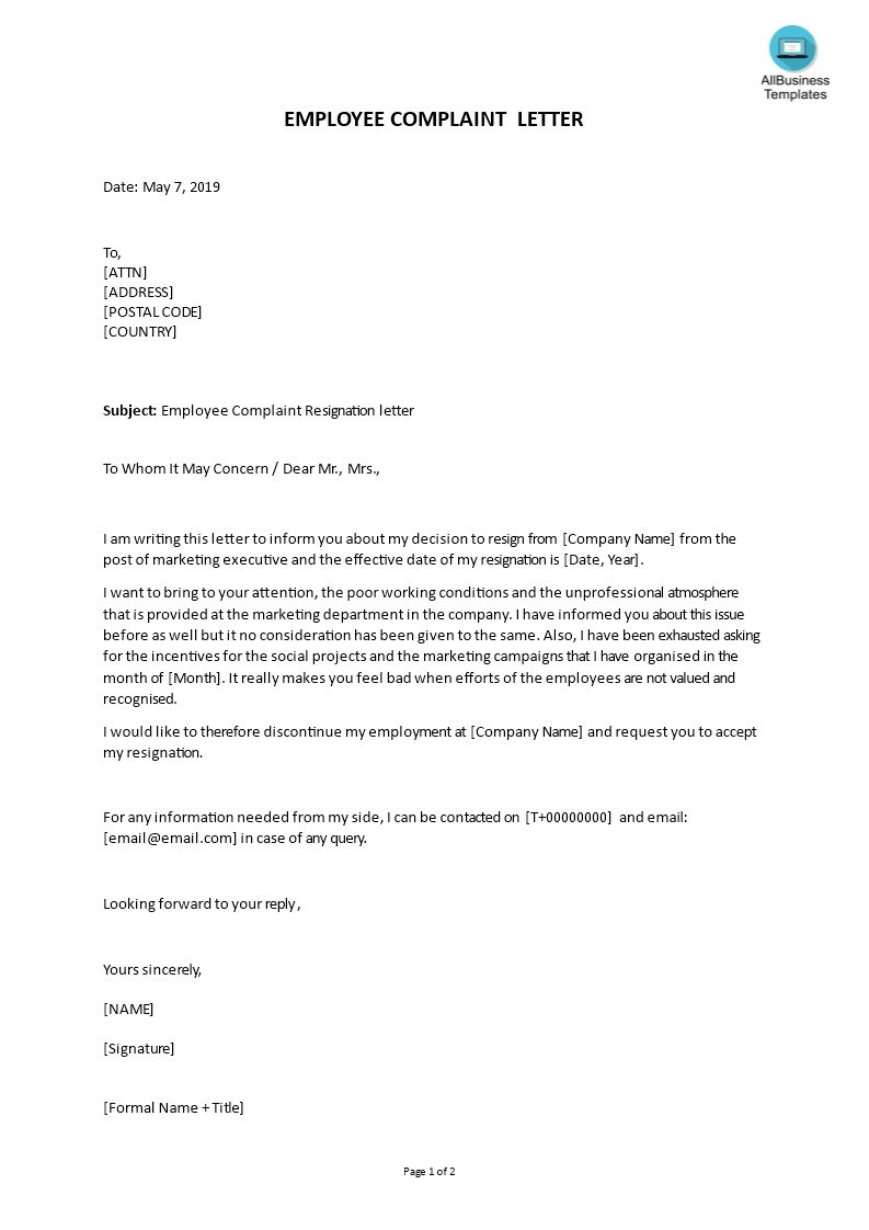 marketing executive resignation complaint letter template