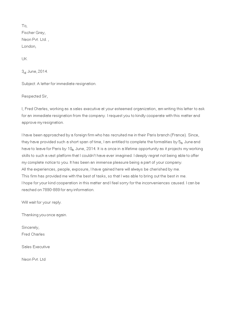 sales executive immediate resignation letter Hauptschablonenbild