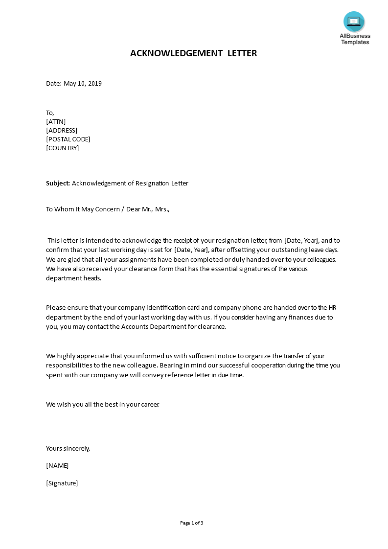 sample acknowledgement of resignation letter template