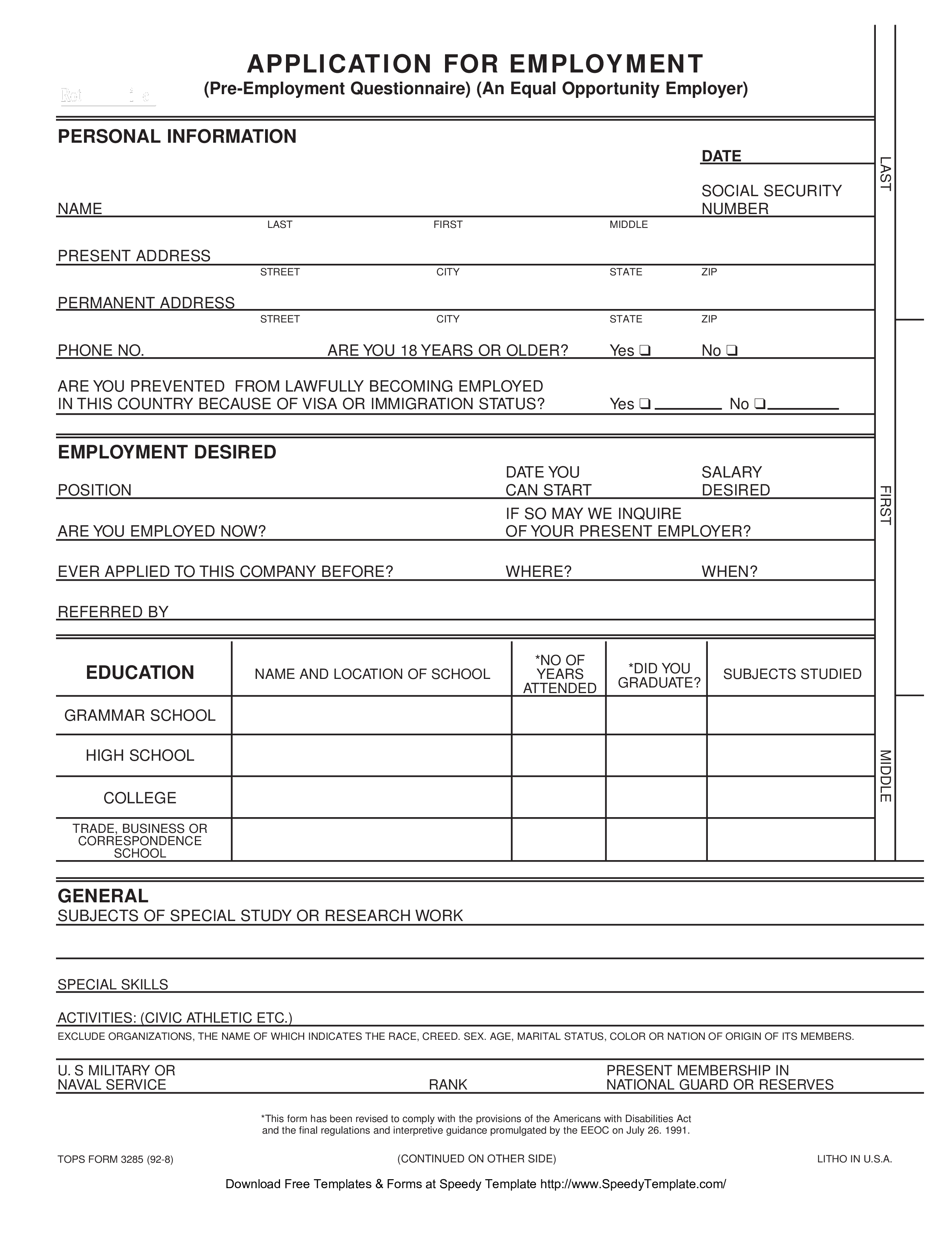 Blank Employment Application Form sample main image