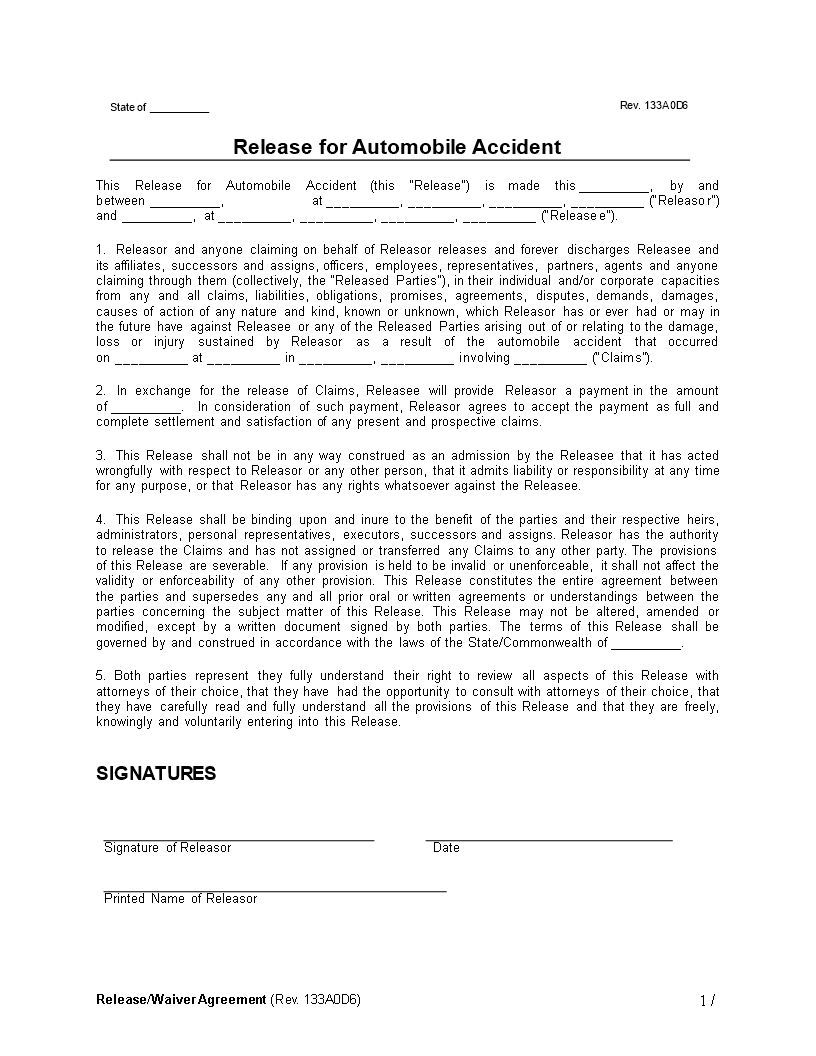 Auto Accident Release Waiver Agreement 模板