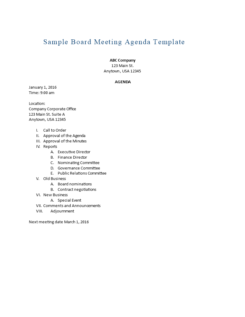 board meeting agenda outline Hauptschablonenbild