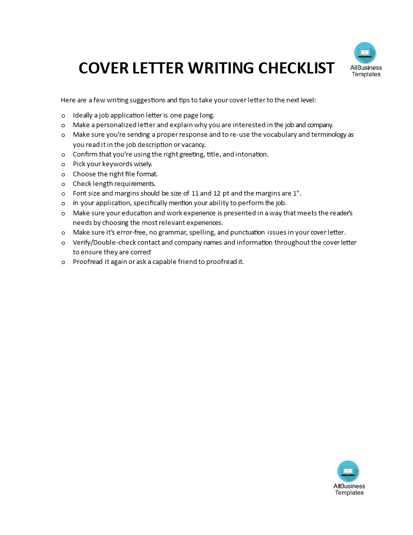 Resume Cover Letter Checklist Templates At Allbusinesstemplates Com