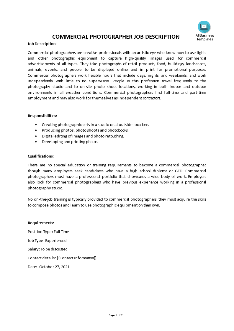 commercial photographer job description template