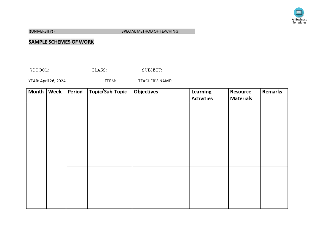 teacher monthly lesson plan template