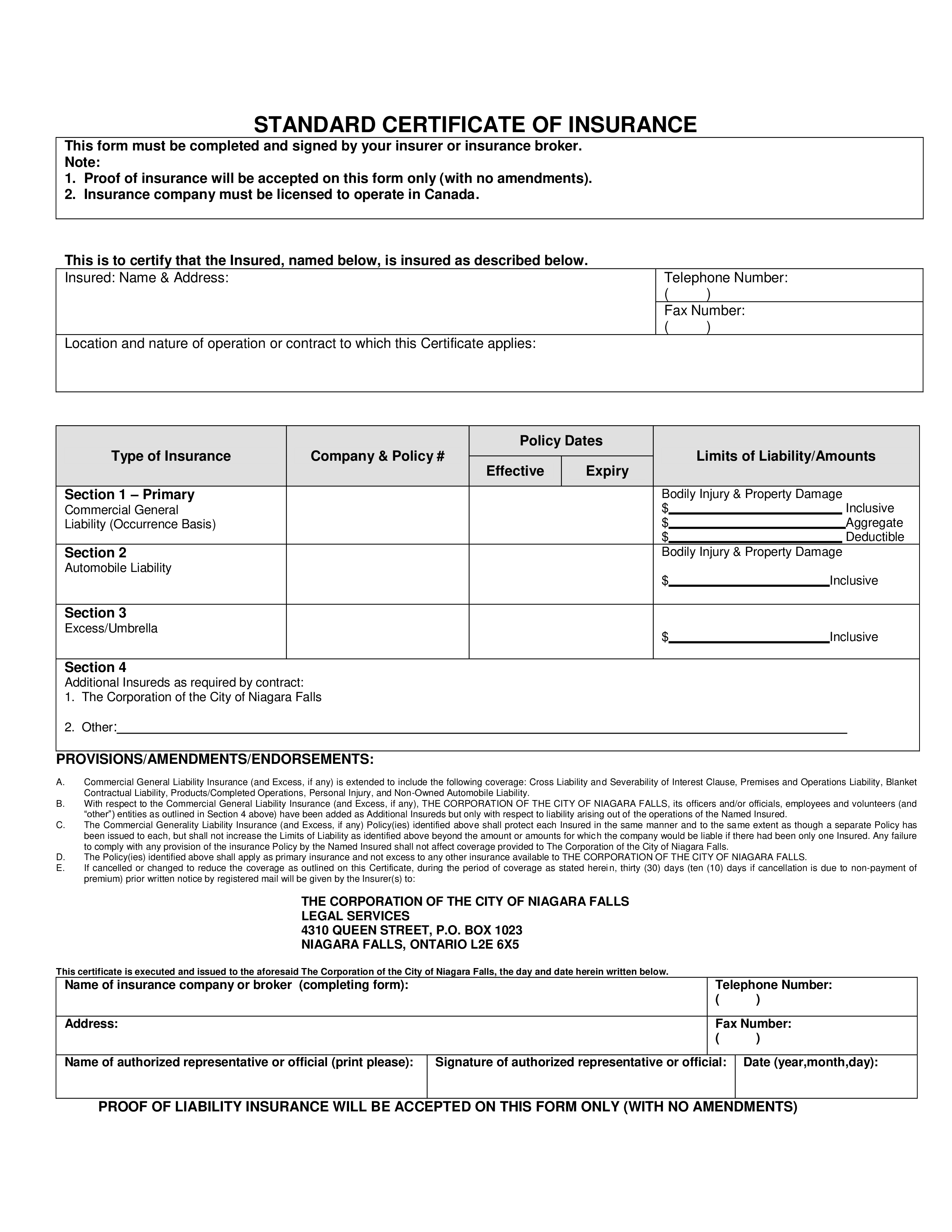 standard certificate of insurance template