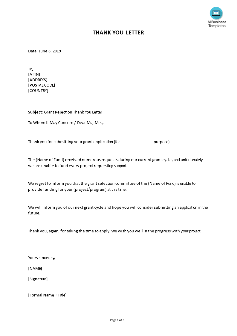 sample grant rejection thank you letter template