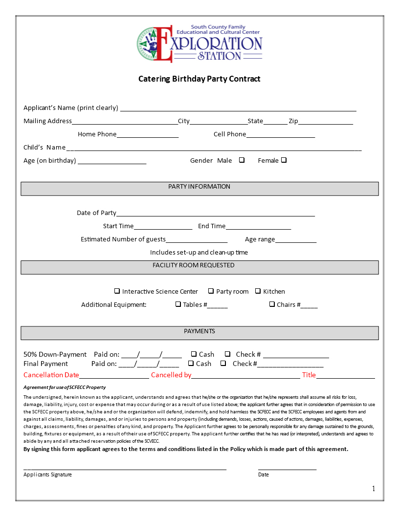 Catering Contract for Birthday Party  Templates at For Catering Contract Template Word