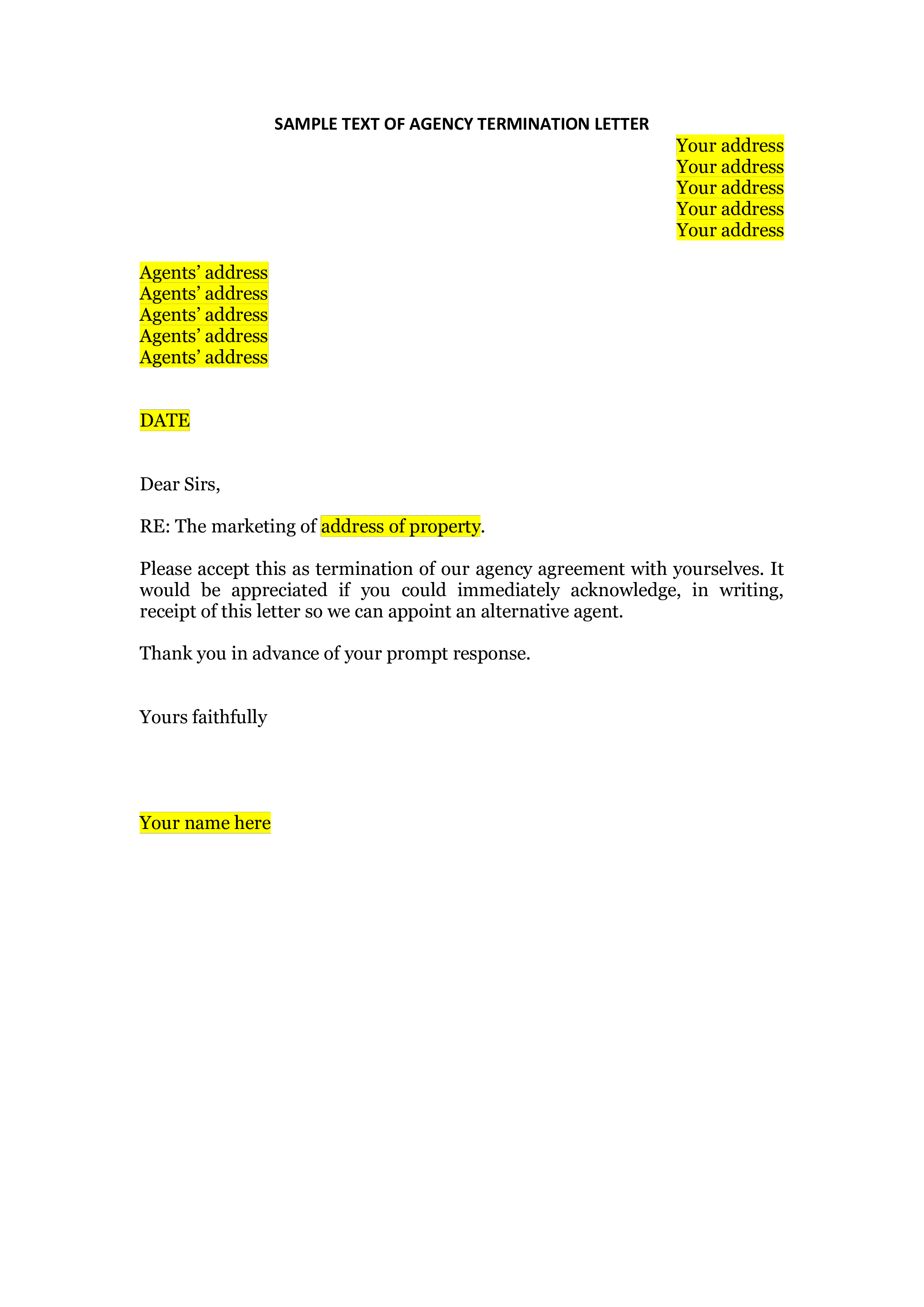 sample text of agency termination letter voorbeeld afbeelding 