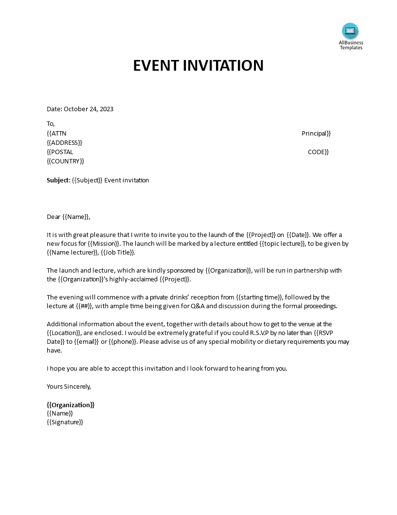 Formal Invitation Letter Sample For An Event 模板