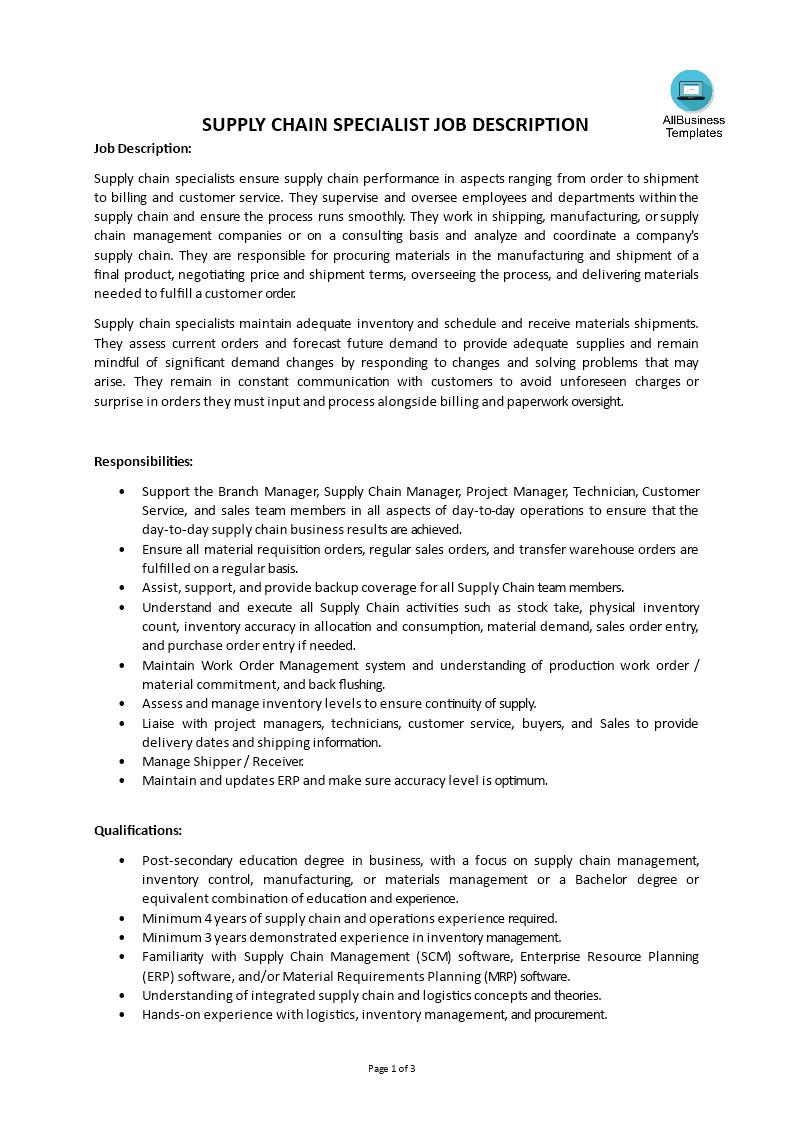 supply chain specialist job description plantilla imagen principal