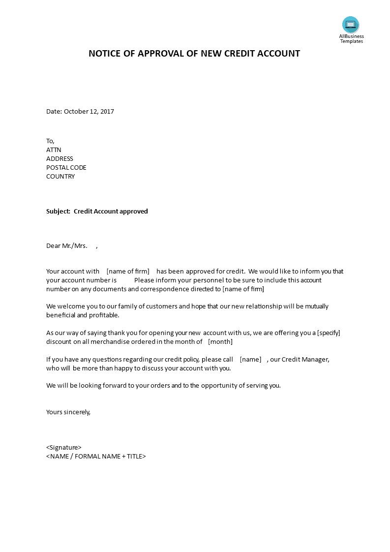 notice of approval of new credit account template