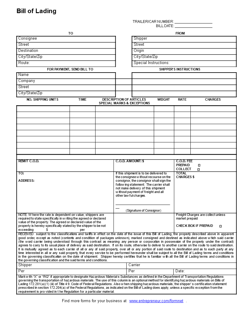 bill of lading template