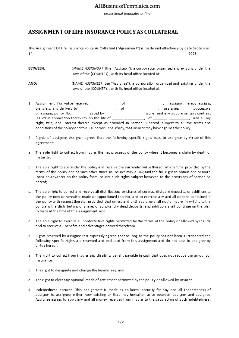 life insurance policy as collateral assignment template