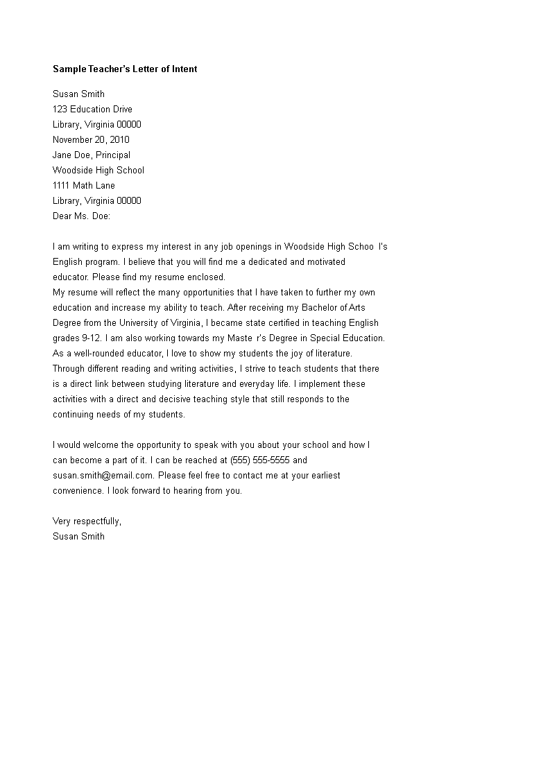 intent letter for teacher plantilla imagen principal