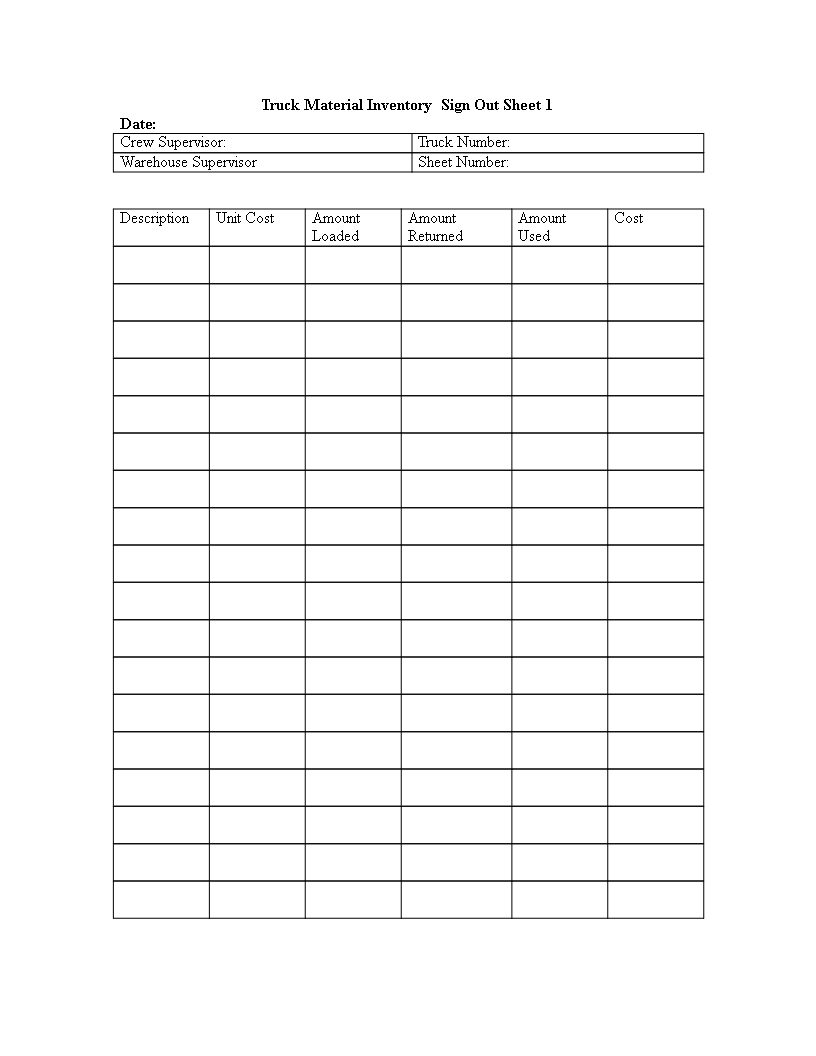 Truck Inventory Sign Out Sheet Templates At Allbusinesstemplates Com