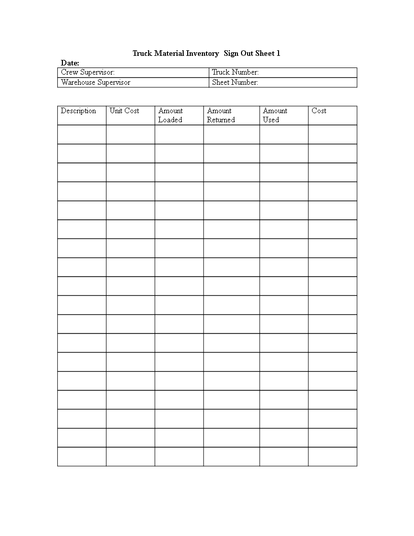 truck inventory sign out sheet modèles