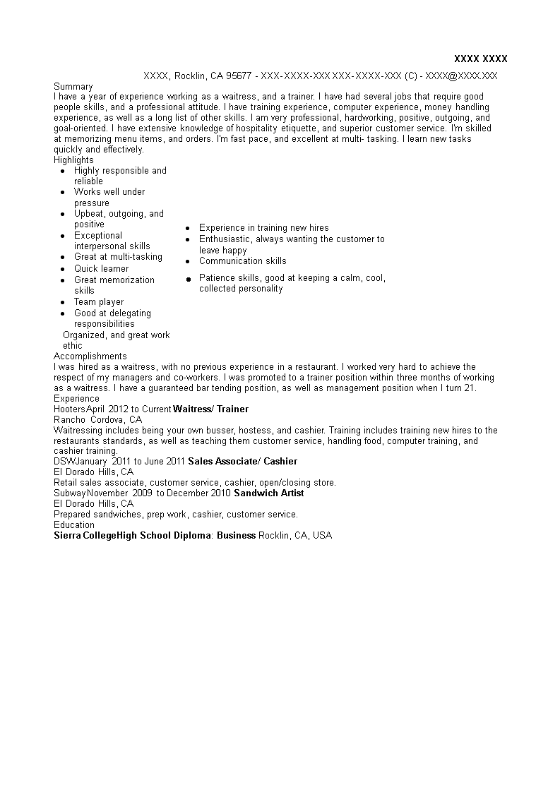 Waitress Trainer Resume main image