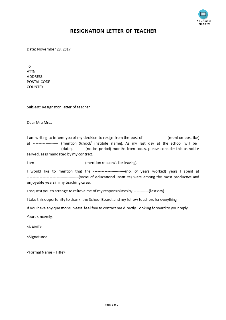 resignation letter of teacher template