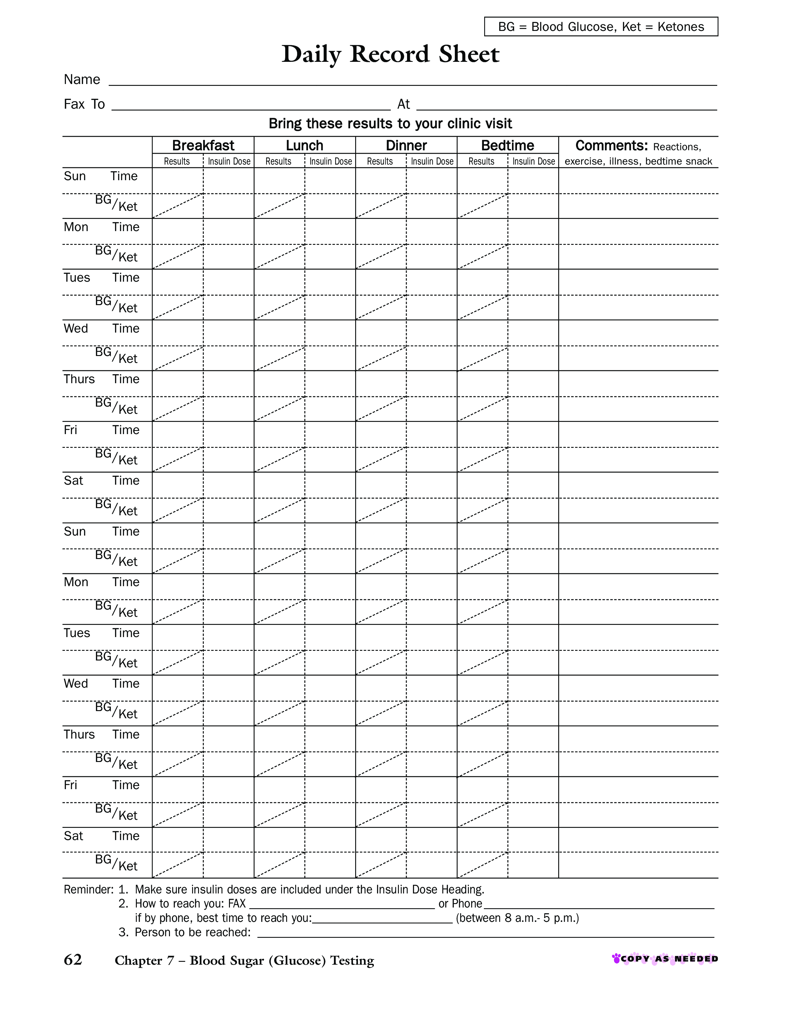 Blood Sugar Monitoring Chart Download