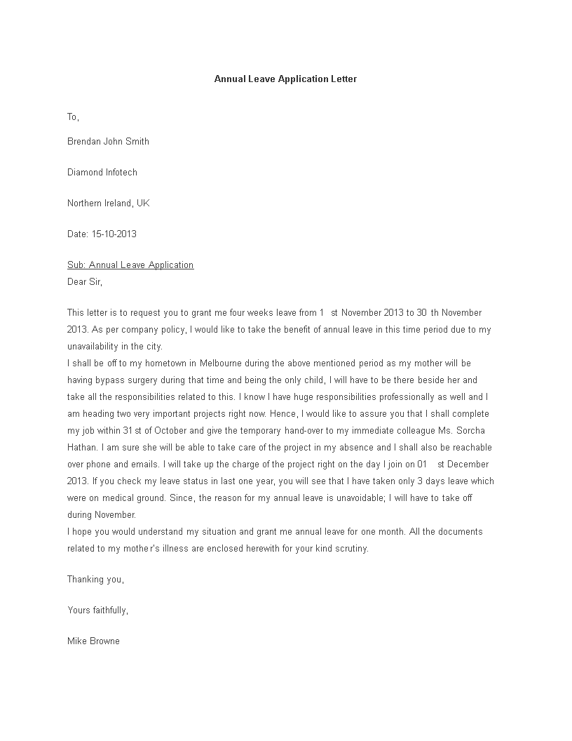annual leave application letter template