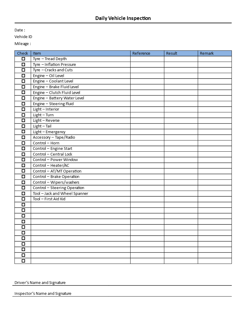 Printable Daily Vehicle Inspection Checklist Template Free Printable