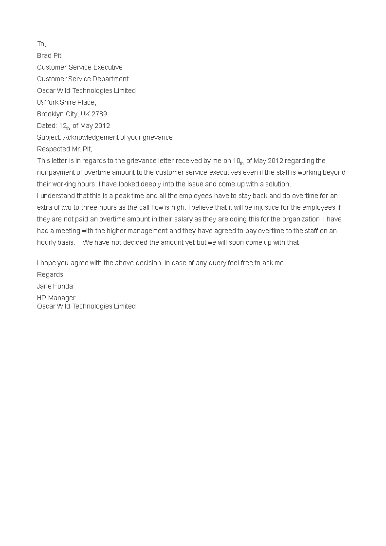 Grievance Application Acknowledgement Letter main image