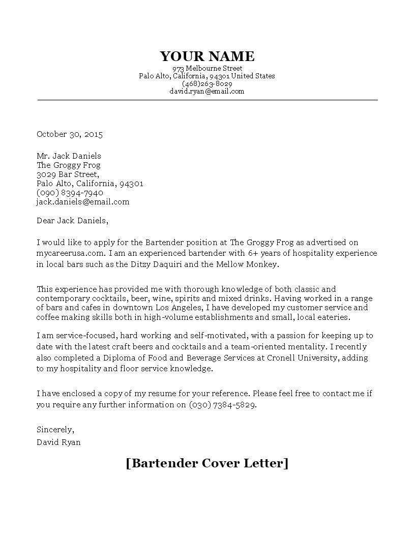 email cover letter for bartender position