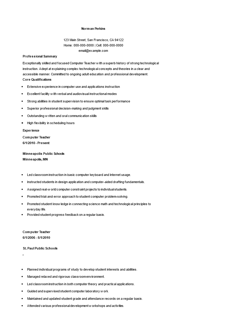 school computer teacher resume modèles