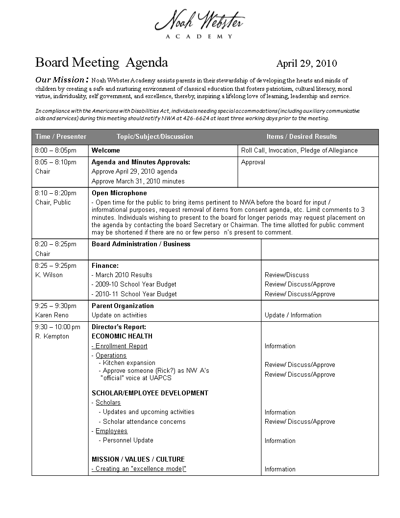Kostenloses Board Meeting Agenda in Word Pertaining To Meeting Agenda Template Word 2010