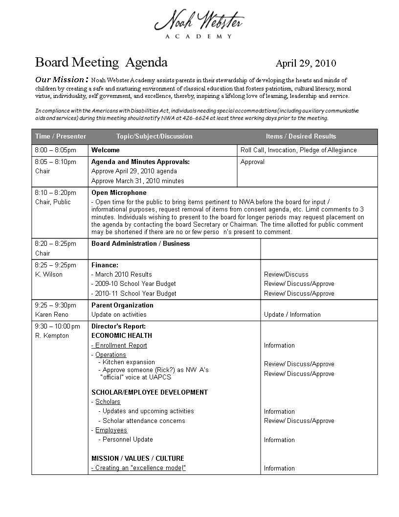 Board Meeting Agenda in Word 模板