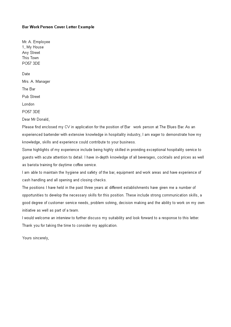 Bar Work Application Letter main image