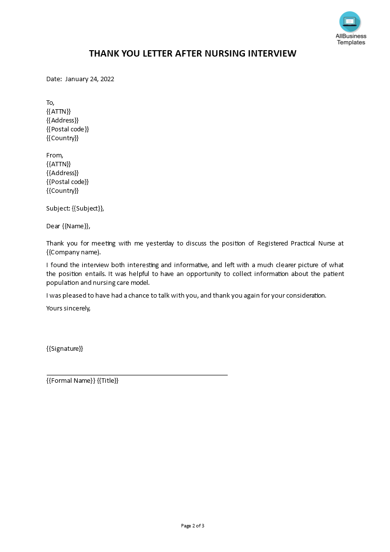 thank you letter after nursing interview template