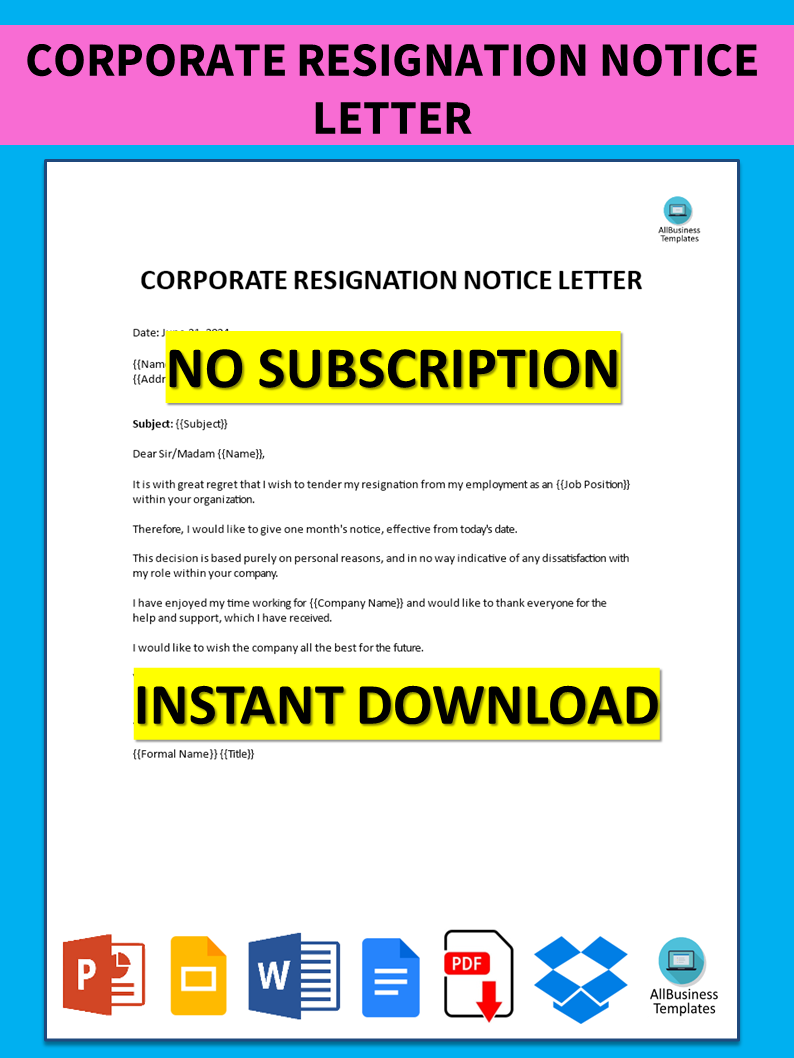 corporate resignation notice letter template