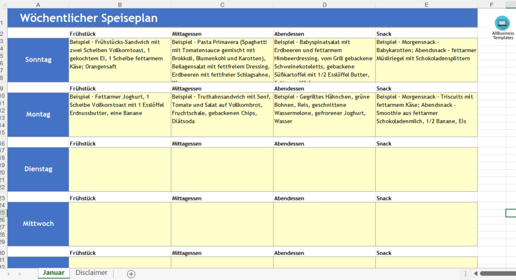 wöchentlicher speiseplan template