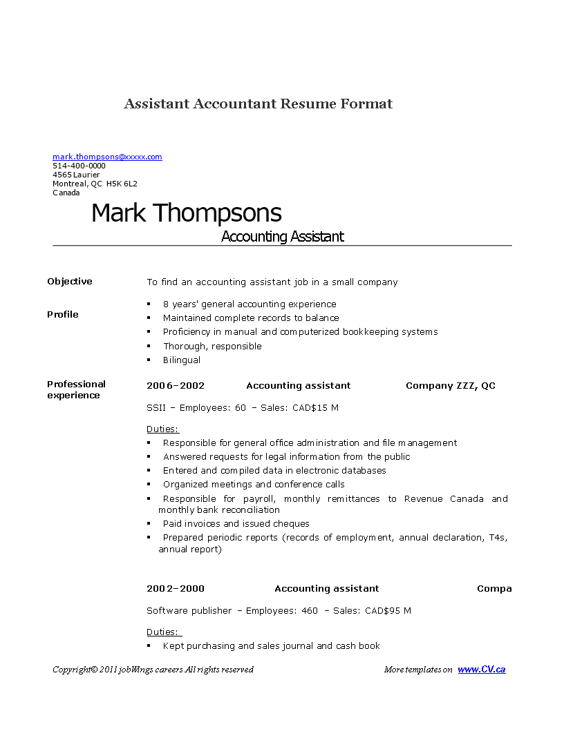 assistant accountant resume voorbeeld afbeelding 