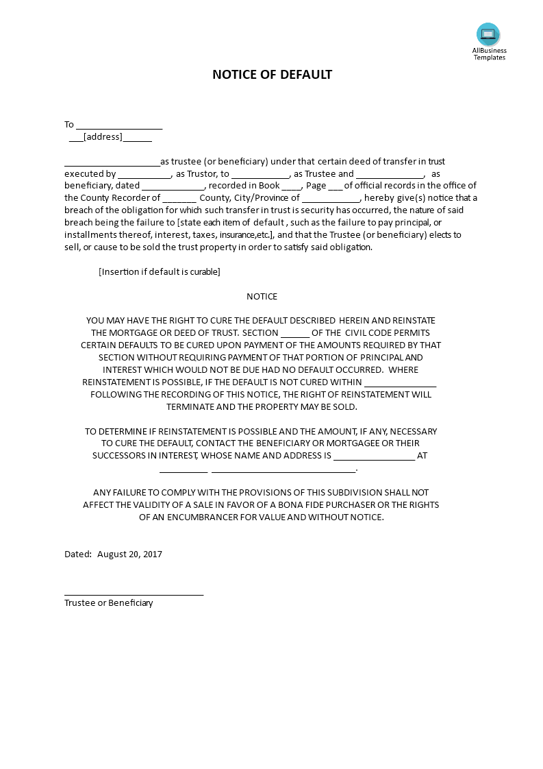 Notice of default  Templates at allbusinesstemplates.com With Regard To Notice Of Default Letter Template